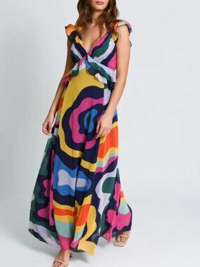 Hutch Rumi Dress in Navy Squiggles Women's Size Large Chiffon Sleeveless NEW